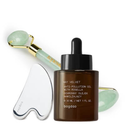 Bogdao May Velvet + Gua Sha + Roller Topestetic ZESTAW Nawilżający olejek 30 ml + Gua sha ze stali nierdzewnej 1 szt + Roller jadeit 1 szt