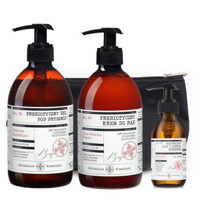 Bosqie Hand Cream + Shower Gel + Grape Seed Oil ZESTAW Krem do rąk - Kora wierzby i pieprz 500 ml + Żel - Jeżyna i bursztyn 500 ml + Olej z pestek Winogron 150 ml + Kosmetyczka 1 szt