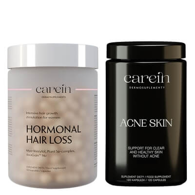 Carein Hormonal Hair Loss + Acne Skin ZESTAW Łysienie androgenowe żeńskie 120 kapsułek + Kuracja 30 dni Czysta skóra bez trądziku 120 kaps