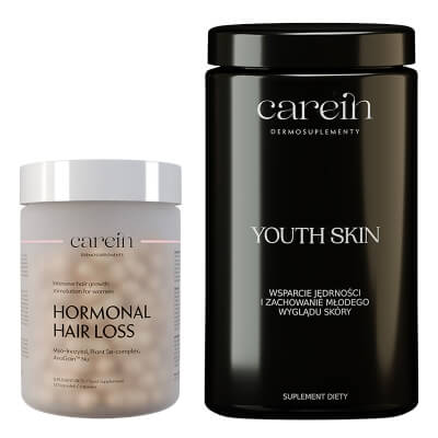 Carein Hormonal Hair Loss + Youth Skin ZESTAW Łysienie androgenowe żeńskie 120 kapsułek + Kuracja 30 dni Odmłodzona skóra bez zmarszczek 240 g