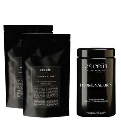 Carein Hormonal Skin 90 Days ZESTAW Kuracja 90 dni : Suplement diety 120 kaps + Uzupełnienie 120 kaps x 2