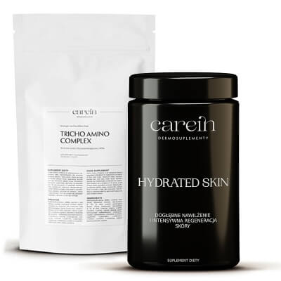 Carein Hydrated Skin + Tricho Amino Complex - Refill ZESTAW Kuracja 30 dni Nawilżenie i odbudowa bariery skórnej 90 kaps + Wzmocnienie cienkich, łamliwych włosów - uzupełnienie 120 kapsułek