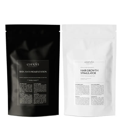Carein Skin Anti Pigmentation - Refill + Hair Growth Stimulator - Refill ZESTAW Kuracja 30 dni Jednolita skóra bez przebarwień - uzupełnienie 60 kaps + Telogenowe wypadanie włosów - uzupełnienie 90 kaps