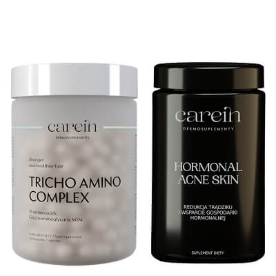 Carein Tricho Amino Complex + Hormonal Acne Skin ZESTAW Wzmocnienie cienkich, łamliwych włosów 120 kapsułek + Kuracja 30 dni Gładka skóra bez trądziku hormonalnego 120 kaps