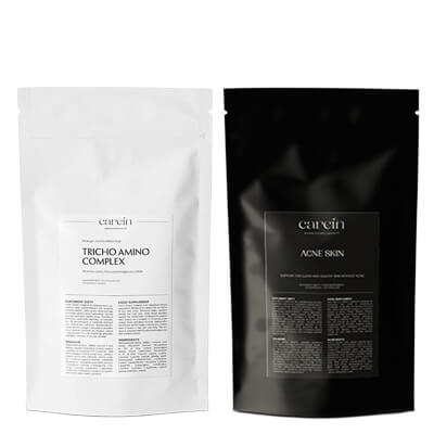 Carein Tricho Amino Complex - Refill + Acne Skin - Refill ZESTAW Wzmocnienie cienkich, łamliwych włosów - uzupełnienie 120 kapsułek + Kuracja 30 dni Czysta skóra bez trądziku - uzupełnienie 120 kap