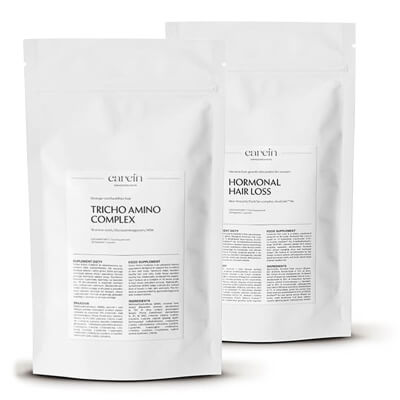 Carein Tricho Amino Complex - Refill + Hormonal Hair Loss - Refill ZESTAW Wzmocnienie cienkich, łamliwych włosów - uzupełnienie 120 kapsułek + Łysienie androgenowe żeńskie - uzupełnienie 120 kapsułek
