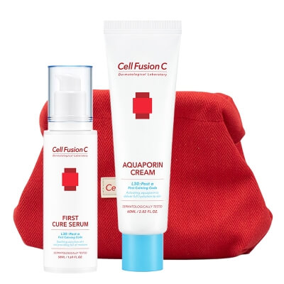 Cell Fusion C Aquaporin Cream + First Cure Serum + Red Bag Gratis ZESTAW Krem silnie nawilżający 60 ml + Serum intensywnie regenerujące dla skóry wrażliwej 50 ml + Kosmetyczka 1 szt