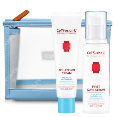 Cell Fusion C Aquaporin Cream + First Cure Serum ZESTAW Krem silnie nawilżający 60 ml + Serum intensywnie regenerujące dla skóry wrażliwej 50 ml + Kosmetyczka 1 szt