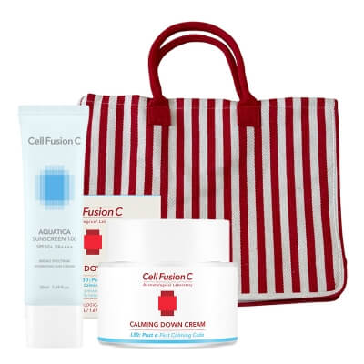 Cell Fusion C Calming Down Cream + Aquatica Sunscreen 100 SPF 50+ / PA ++++ + Torba Plażowa ZESTAW Krem łagodzący do skóry wrażliwej 50 ml + Wyciszający i nawilżający krem z fotoprotekcją 50 ml + Biało - czerwona 1 szt