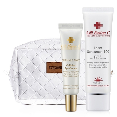 Cell Fusion C Cellular Eye Cream + Laser Sunscreen 100 SPF 50+/PA+++ + Kosmetyczka ZESTAW Krem pod oczy 20 ml + Filtr przeciwsłoneczny 50 ml + Biała, pikowana kosmetyczka