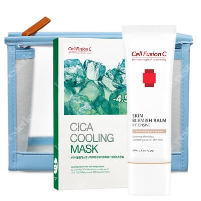 Cell Fusion C Cica Cooling Mask + Skin Blemish Balm Intensive ZESTAW Wygładzająco – chłodząca maska w płacie 5 x 27 g + Fluid rozjaśniająco-regenerujący dla skóry suchej starzejącej się 40 ml + Kosmetyczka 1 szt