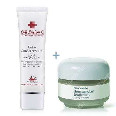 Mesoestetic Dermamelan + Laser Sunscreen SPF 50 ZESTAW Krem na przebarwienia 30 g + Filtr przeciwsłoneczny 50 ml