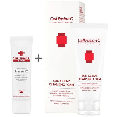 Cell Fusion C Expert Sunscreen 100 SPF50+, PA++++ + Sun Clear Cleansing Foam ZESTAW Delikatny filtr przeciwsłoneczny 50 ml + Pianka oczyszczająca do zmywania filtrów UV 150 ml