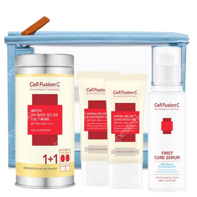 Cell Fusion C First Cure Serum + Derma Relief Sunscreen 100 SPF 50+PA ++++  ZESTAW Serum intensywnie regenerujące dla skóry wrażliwej 50 ml + Krem nawilżający z wysoką ochroną przeciwsłoneczną 35ml + Kosmetyczka 1 szt