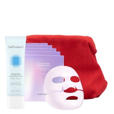 Cell Fusion C Glass Skin Collagen Mask + Aquatica Sunscreen 100 SPF 50+ / PA ++++ ZESTAW Wygładzająca maska hydrożelowa 5 x 35 g + Wyciszający i nawilżający krem z fotoprotekcją 50 ml + Kosmetyczka 1 szt
