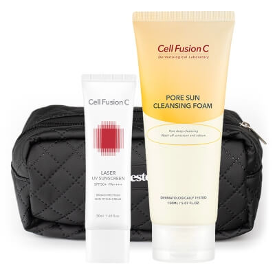 Cell Fusion C Laser Sunscreen 100 SPF 50+/PA+++ + Pore Sun Cleansing Foam ZESTAW Filtr przeciwsłoneczny 50 ml + Pianka do oczyszczania twarzy z filtrów przeciwsłonecznych 150 ml + Kosmetyczka 1 szt