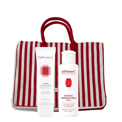 Cell Fusion C Laser UV Sunscreen SPF 50+ PA++++ + Papaya Granule Peels ZESTAW Filtr przeciwsłoneczny 50 ml + Peeling enzymatyczny 50 g + Torba Plażowa 1 szt