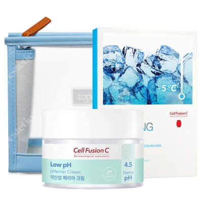 Cell Fusion C Low pH Cream + First Cooling Mask ZESTAW Krem nawilżający dla skóry podrażnionej, wrażliwej 55 ml + Chłodząca maska hydrożelowa dla podrażnionej skóry 5x25 g + Kosmetyczka 1 szt