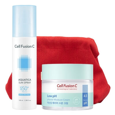 Cell Fusion C Low pH pHarrier Moisture Cream + Aquatica Sun Spray SPF50+/PA ++++ + Red Bag Gratis ZESTAW Krem nawilżający dla skóry podrażnionej i wrażliwej 80 ml + Nawilżająca mgiełka do każdego rodzaju cery 100 ml + Kosmetyczka 1 szt