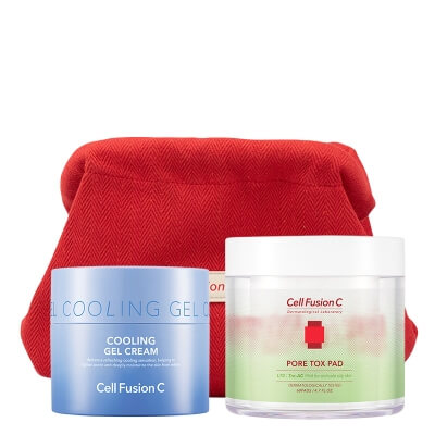 Cell Fusion C Pore Tox Pad + Cooling Gel Cream + Red Bag Gratis ZESTAW Oczyszczające płatki 60 szt + Chłodząco-łagodzący krem-żel dla skóry wrażliwej i problematycznej 50 ml + Kosmetyczka 1 szt