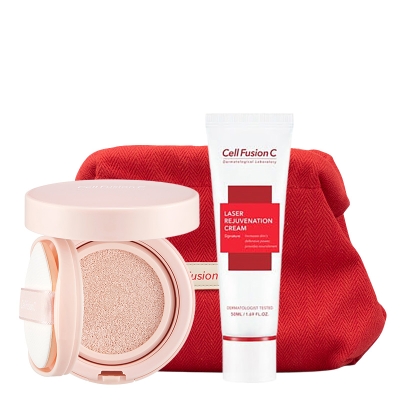 Cell Fusion C Toning Sun Cushion SPF 50+ / PA ++++ + Laser Rejuvenation Cream ZESTAW Krem tonujący z filtrem przeciwsłonecznym 13 g + Krem regenerujący do skóry starzejącej się oraz po zabiegach 50 ml + Kosmetyczka 1 szt
