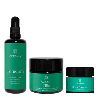 Cetonia Nawilżenie i Ukojenie ZESTAW Nawilżający tonik z prebiotykami 100 ml + Odbudowujący balsam lipidowy 28 g + Krem do cery suchej i normalnej 50 ml