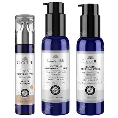 Clochee Antioxidant And Protect  ZESTAW Płyn micelarny 100 ml + Tonik antyoksydacyjny 100 ml + Krem matujący z SPF 50 50 ml