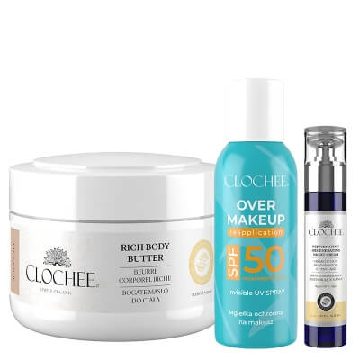 Clochee Bestseller Set ZESTAW Masło do ciała 250 ml + Mgiełka SPF 50 75 ml + Krem odmładzająco-regenerujący na noc 50 ml