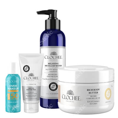 Clochee Bestseller Set ZESTAW Masło do ciała - mango 250 ml + Mgiełka do twarzy 75 ml + Peeling enzymatyczny 100 ml + Płyn micelarny 250 ml