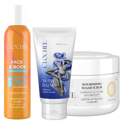 Clochee Body Care ZESTAW Peeling cukrowy 250 ml + Balsam do ciała 130 ml + Mgiełka SPF 50 do twarzy i ciała 150 ml
