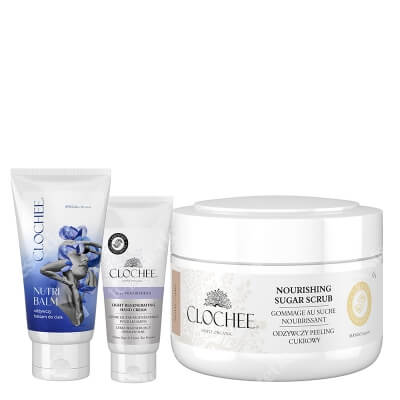 Clochee Body Care ZESTAW Peeling cukrowy 250 ml + Krem do rąk 100 ml + Odżywczy balsam do ciała 130 ml