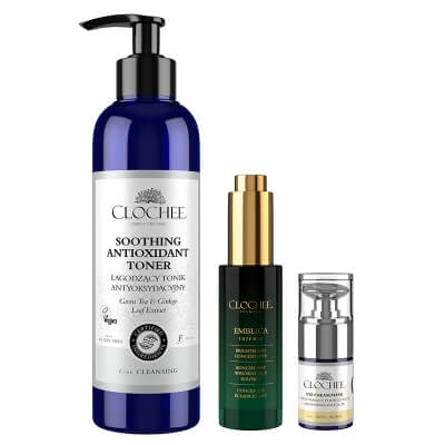 Clochee Bright Look Skin Set ZESTAW Tonik antyoksydacyjny 250 ml + Koncentrat wyrównujacy koloryt do twarzy 30 ml + Krem-Maska pod oczy 1