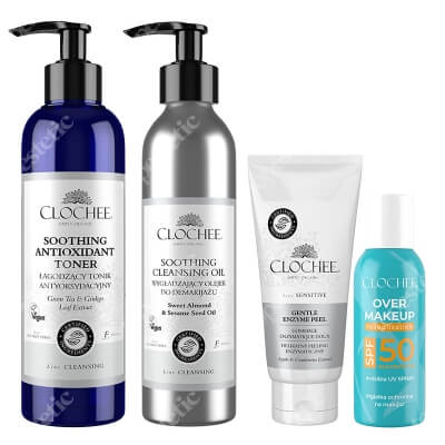 Clochee Clean Routine ZESTAW Peeling enzymatyczny 100 ml + Tonik 250 ml + Mgiełka SPF 50 75 ml + Olejek do demakijażu 250 ml