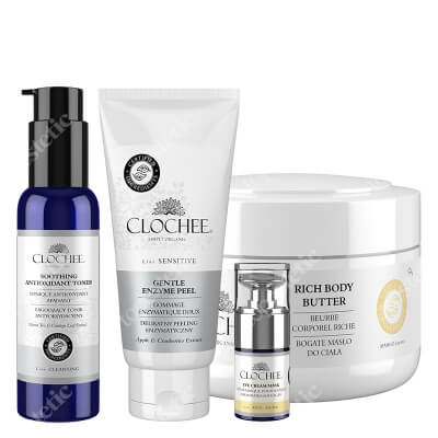 Clochee Favorite Set ZESTAW Peeling enzymatyczny 100 ml + Tonik 100 ml + Krem-Maska pod oczy 15 ml + Masło do ciała 250 ml