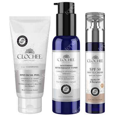 Clochee New Skin Care ZESTAW Peeling do twarzy 100 ml + Tonik antyoksydacyjny 100 ml + Krem matujący z SPF 50 50 ml