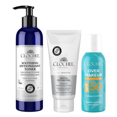 Clochee Skin Care Set ZESTAW Peeling enzymatyczny 100 ml + Tonik antyoksydacyjny 250 ml + Mgiełka do twarzy 75 ml