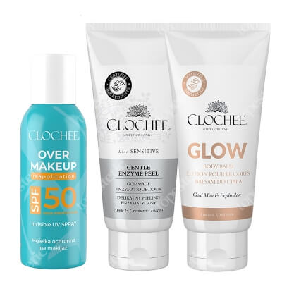 Clochee Sommer Set ZESTAW Delikatny peeling enzymatyczny 100 ml + Mgiełka do twarzy 75 ml + Rozświetlający balsam do ciała 100 ml