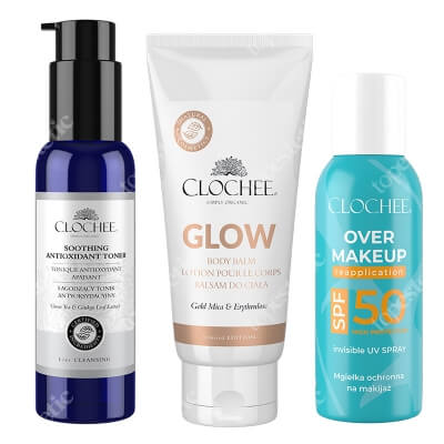 Clochee Sommer Set ZESTAW Mgiełka do twarzy 75 ml + Rozświetlający balsam do ciała 100 ml + Łagodzący tonik antyoksydacyjny 100 ml