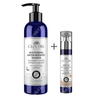 Clochee Soothing Antioxidant Toner + Illuminating Cream SPF 30 ZESTAW Tonik antyoksydacyjny 250 ml + Rozświetlający krem SPF30 50 ml