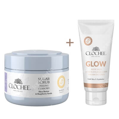 Clochee Sugar Scrub + Glow Body Balm ZESTAW Odżywczy peeling cukrowy z pestkami malin - mango 250 ml + Rozświetlający balsam do ciała 100 ml