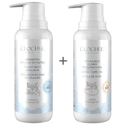 Clochee Velvet Bath Emulsion + Lovely Care Oil ZESTAW Aksamitna emulsja do kąpieli 200 ml + Otulająca oliwka pielęgnacyjna 200 ml