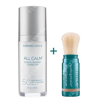 Colorescience All Calm Redness Corrector + Sunforgetable Brush-On Sunscreen ZESTAW Korektor maskujący zaczerwienienia 30 ml + Mineralny puder w pędzlu kolor Medium 2 g