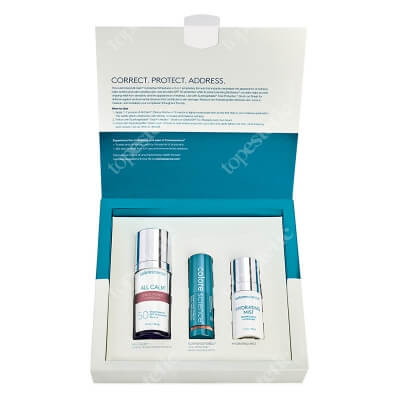 Colorescience All Calm Redness Corrector + Sunforgettable Brush-On Sunscreen + Hydrating Mist ZESTAW Korektor 30 ml + Puder SPF 50 w pędzlu - Medium 2 g + Mgiełka 30 ml