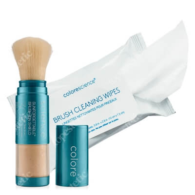 Colorescience Brush-On ZESTAW Mineralny puder ochronny w pędzlu (kolor Medium) 4,3 g + Chusteczki oczyszczające do pędzli 1 op. (20 szt.)