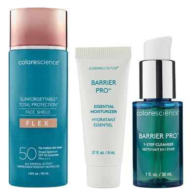 Colorescience Face Shield + Barrier Pro ZESTAW Minerały w emulsji do twarzy (kolor medium) 55 ml + Żel oczyszczający 30 ml + Krem 8 ml
