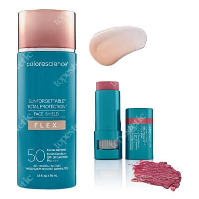 Colorescience Face Shield Flex SPF 50 + Sunforgettable Total Protection Color Balm SPF 50 ZESTAW Minerały w emulsji do twarzy (kolor Fair) 55 ml + Balsam do ust oraz policzków (kolor Berry) 9 g