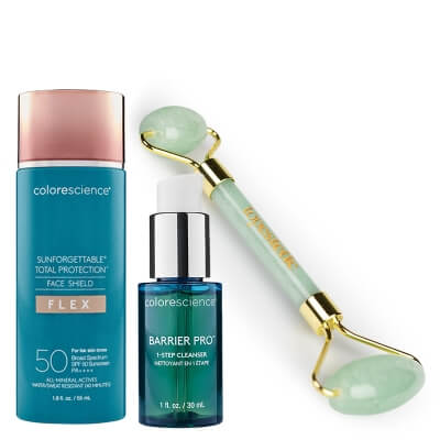 Colorescience Face Shield Set ZESTAW Minerały w emulsji do twarzy (kolor Fair) 55 ml + Żel oczyszczający 30 ml + Roller do masażu twarzy z jadeitu 1 szt GRATIS