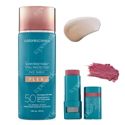 Colorescience Face Shield Set ZESTAW Minerały w emulsji do twarzy (kolor medium) 55 ml + Balsam do ust oraz policzków SPF50 (kolor Berry) 9 g