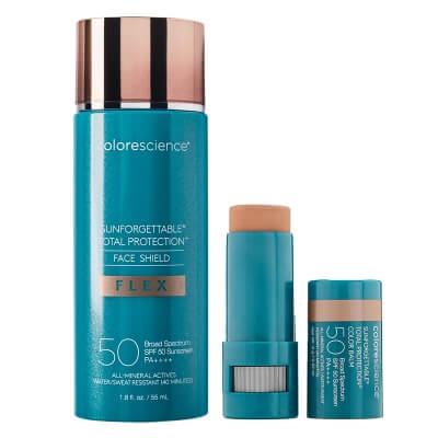Colorescience Face Shield + Sunforgettable Total ZESTAW Minerały w emulsji do twarzy (kolor Light) 55 ml + Balsam do ust oraz policzków ( kolor Golden Hour ) 9 g
