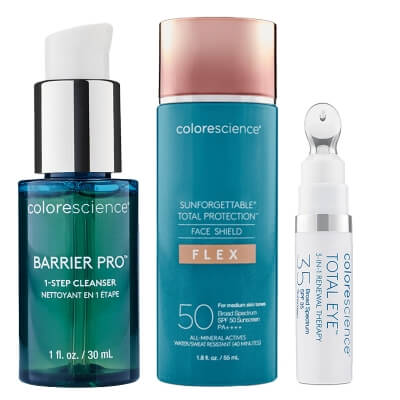 Colorescience Face Shield ZESTAW Korektor pod oczy 3 w 1 (kolor Medium) 7 ml + Minerały w emulsji do twarzy (kolor medium) 55 ml + Żel oczyszczający 30 ml GRATIS